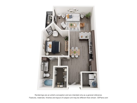 A 3D floor plan of a small apartment with a kitchen, living room, and bathroom.